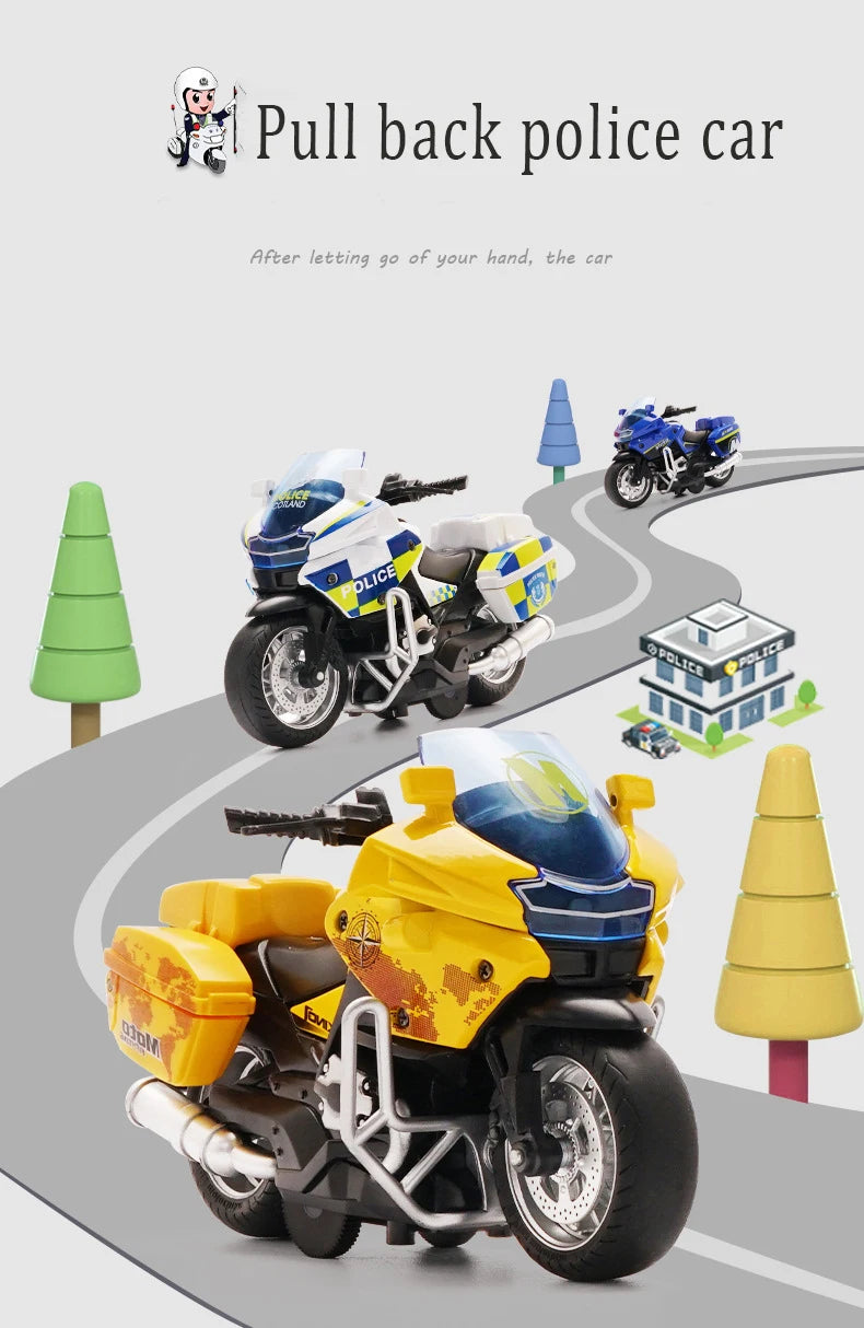 1/14 Alloy Motorcycle Pull Back Men's Locomotive Police Car Simulation Vehicle Model Toy with Light and Music Children's Toys
