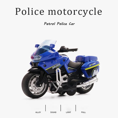 1/14 Alloy Motorcycle Pull Back Men's Locomotive Police Car Simulation Vehicle Model Toy with Light and Music Children's Toys