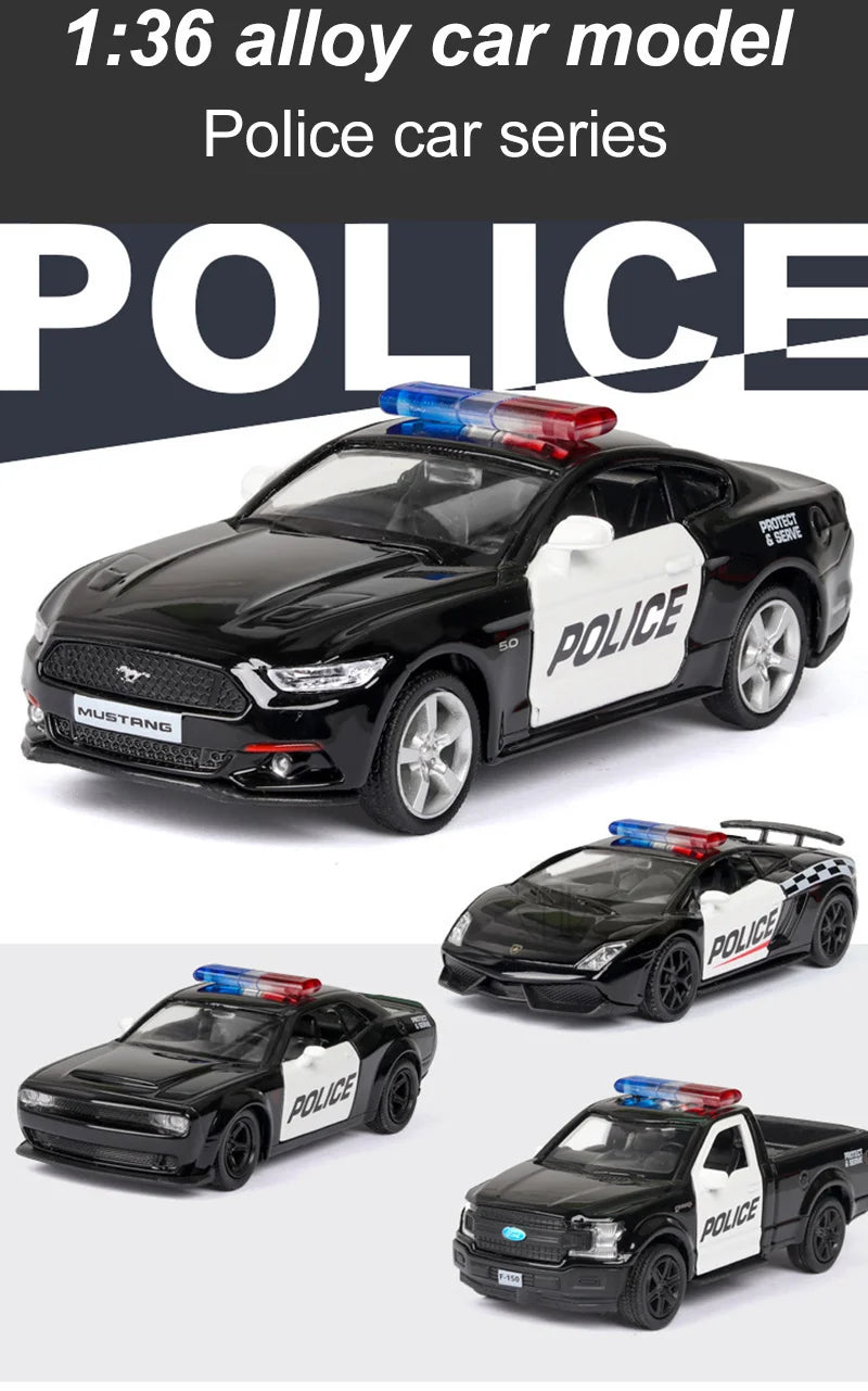 1/36 Car Model Toy Ford Lamborghini Challenger Diecast Alloy Police with Pull Back Metal Sports Cars Model for Boy Birthday Gift
