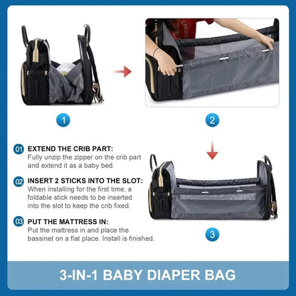Mother Backpack Multifunctional Large Baby Crib Mommy Bag Foldable Newborn Care Stroller Organizer Diaper Bags with Changing Pad
