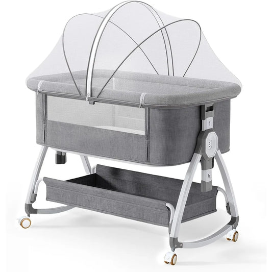 Baby Bassinet 4-in-1 Convertible Bedside Crib, with Mosquito Net & Rocking Mode | 6 Adjustable Heights, Breathable Mesh
