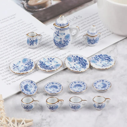 15Pcs 1:12 Dollhouse Miniature Tableware Porcelain Ceramic Tea Cup Set Model Kitchen Accessories For Doll House Decor Toys Gift