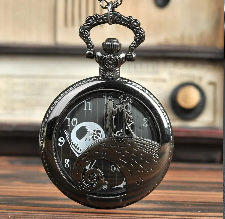 Fashion Lovers Skeleton Quarzt Pocket Watch with Chain Necklace Vintage Quartz Pendant Watches Clock Chain Mens Women