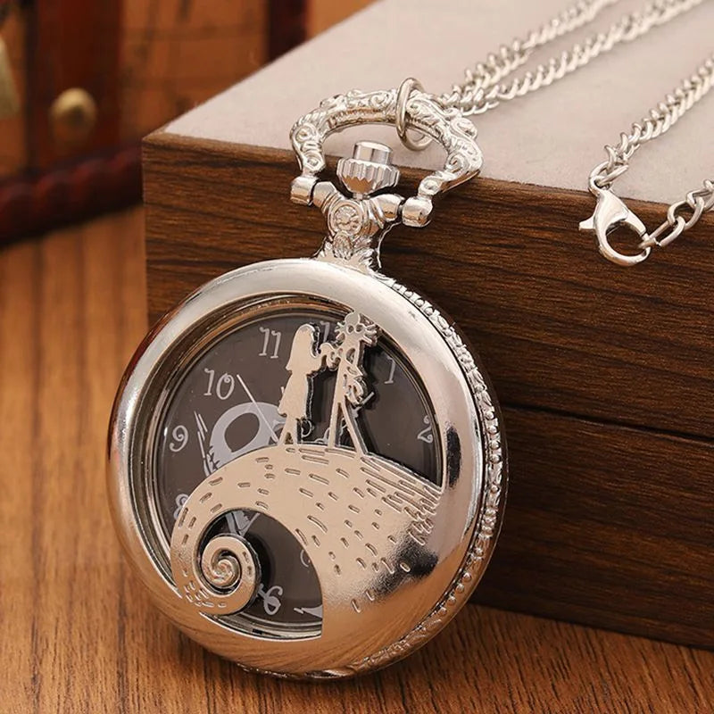 Fashion Lovers Skeleton Quarzt Pocket Watch with Chain Necklace Vintage Quartz Pendant Watches Clock Chain Mens Women